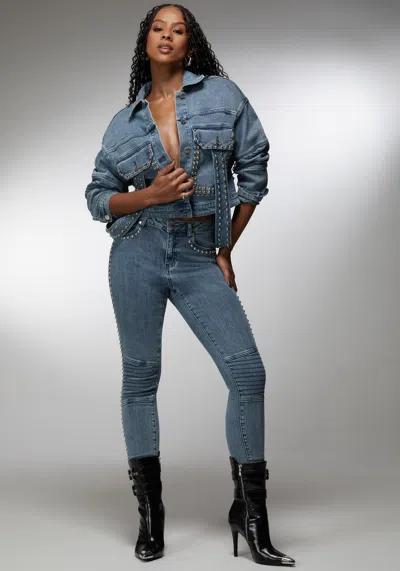 Bebe X Ciara Drop Shoulder Studded Denim Jacket In River Blue Wash
