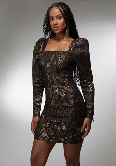 Bebe X Ciara Puff Sleeve Fitted Foil Print Denim Dress In Foil Print