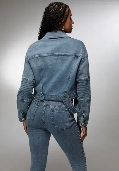 Bebe X Ciara Drop Shoulder Studded Denim Jacket In River Blue Wash