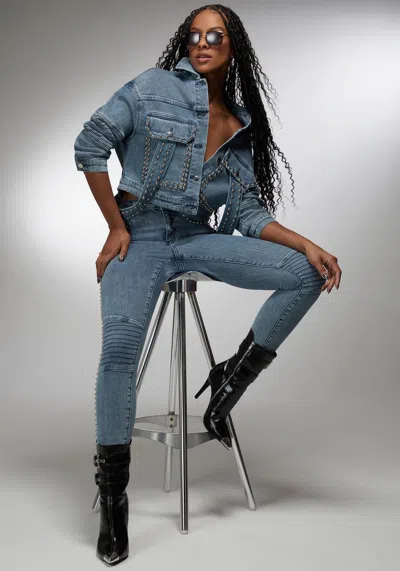 Bebe X Ciara Drop Shoulder Studded Denim Jacket In River Blue Wash