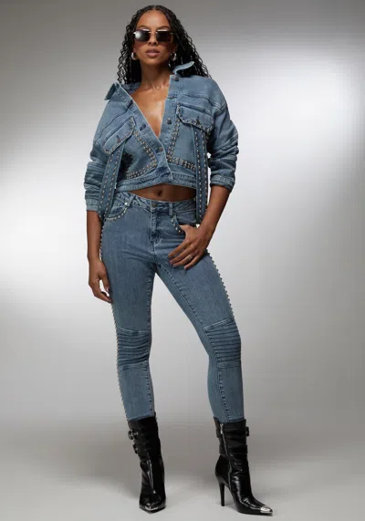 Bebe X Ciara Natural Waist Studded Skinny Jean In River Blue Wash