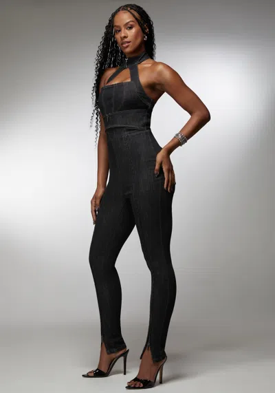 Bebe X Ciara Halter Multi Zip Slim Leg Denim Jumpsuit In Washed Out Black