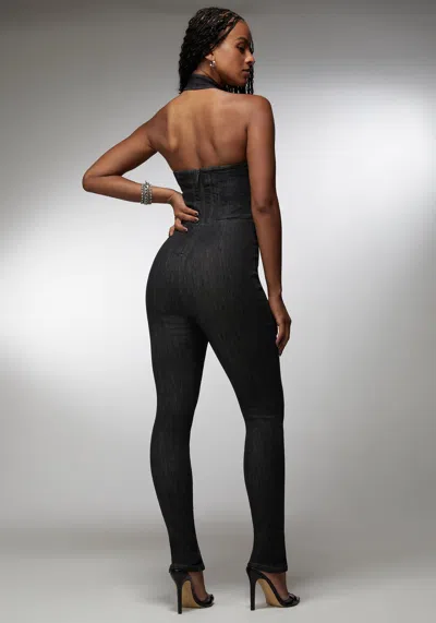 Bebe X Ciara Halter Multi Zip Slim Leg Denim Jumpsuit In Washed Out Black