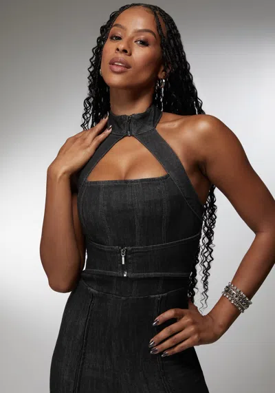 Bebe X Ciara Halter Multi Zip Slim Leg Denim Jumpsuit In Washed Out Black