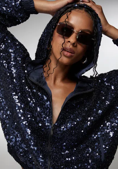 Shop Bebe Sequin Hoodie Jacket In Midnight Blue