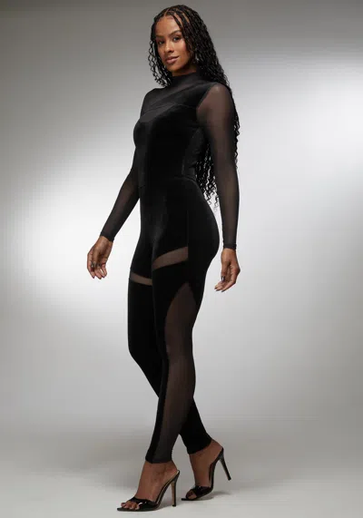 BEBE COMBO VELOUR AND MESH CATSUIT 