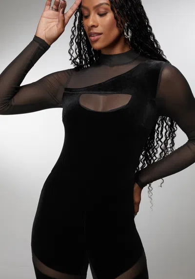Bebe X Ciara Combo Velour And Mesh Catsuit In Black