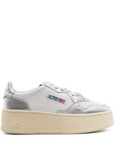 Autry White And Silver Low Top Platform Sneakers With Logo