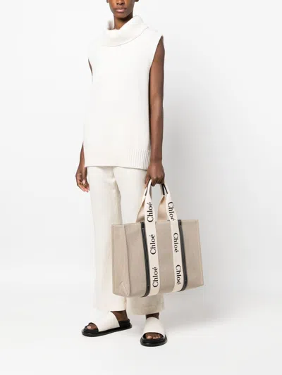 Shop Chloé Chloè Woody Large Canvas And Leather Tote Bag