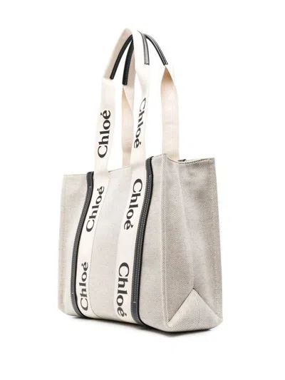 Shop Chloé Chloè Woody Medium Canvas And Leather Tote Bag