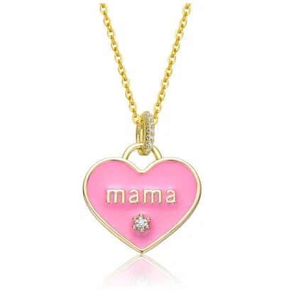 Rachel Glauber 14k Yellow Gold Plated With Cubic Zirconia Mama Pink Enamel Heart Pendant Layering Ne In Pink
