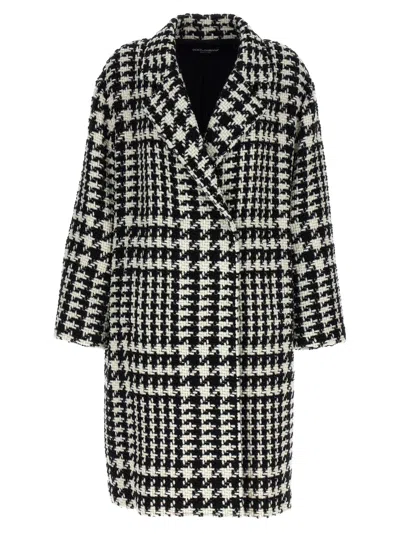 Dolce & Gabbana Black And White Coat With All-over Check Motiv In Wool Blend Woman