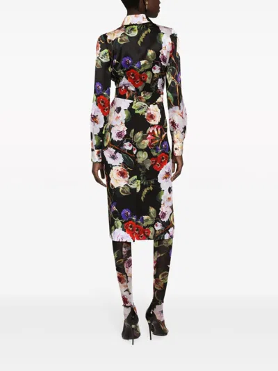 Shop Dolce & Gabbana Flower Printed Silk Charmeuse Longuette Tubino Skirt