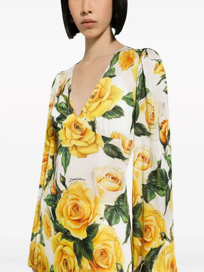 Shop Dolce & Gabbana Rose Printed Organzino Silk Midi Dress