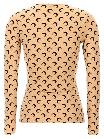 Marine Serre Beige Crewneck T-shirt With All-over Crescent Moon Print In Tech Fabric Stretch Woman