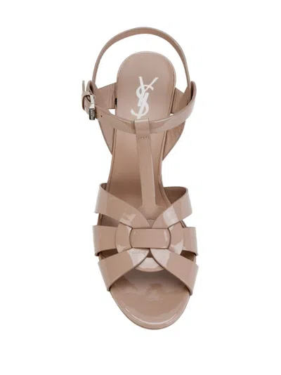 Saint Laurent Tribute Platform Sandals In Smooth Leather Beige