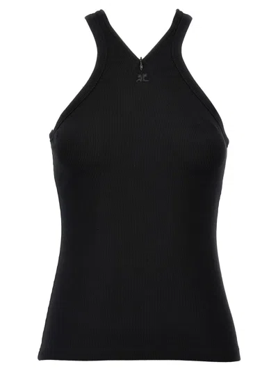 Courrèges Ribbed Tank Top With Zipper On The Neckline In Black