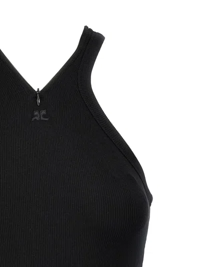 Courrèges Ribbed Tank Top With Zipper On The Neckline In Black