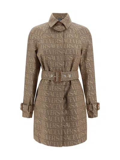 Versace Trench Parka Coat In Brown+beige
