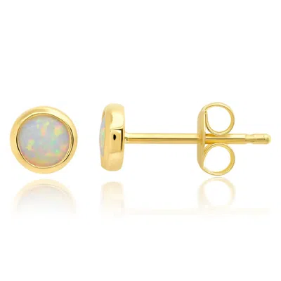 Maxcolor 14k Yellow Gold Bezel Set Round 4mm Created Opal Stud Earrings In Blue