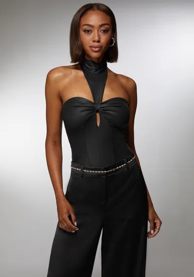 Bebe X Ciara Mock Neck Halter Coated Knit Bodysuit In Black