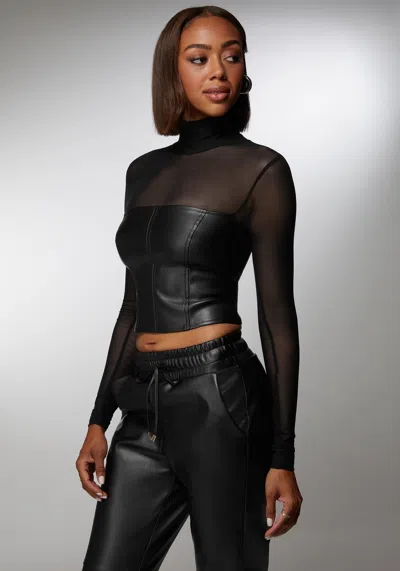 Bebe X Ciara Mock Neck Mesh Combo Vegan Leather Top In Black