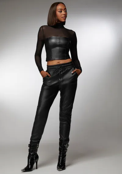 Bebe X Ciara Mock Neck Mesh Combo Vegan Leather Top In Black