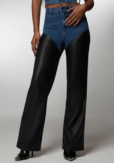 Bebe X Ciara High Waist Vegan Leather Combo Wide Leg Jean In True Blue Wash,black
