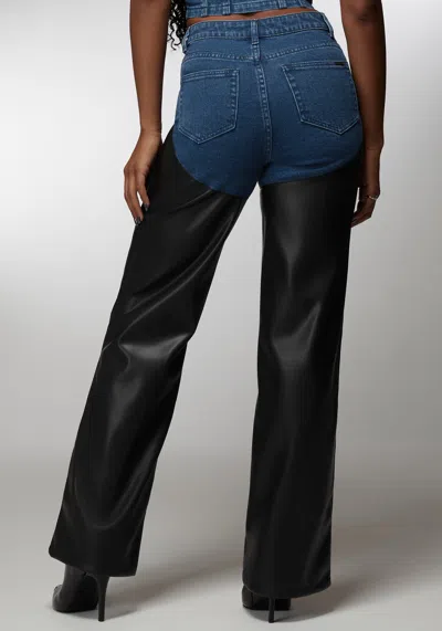 Bebe X Ciara High Waist Vegan Leather Combo Wide Leg Jean In True Blue Wash,black