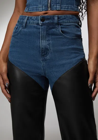 Bebe X Ciara High Waist Vegan Leather Combo Wide Leg Jean In True Blue Wash,black