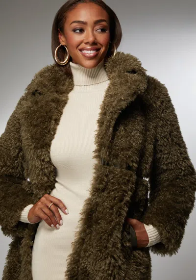 Bebe X Ciara Faux Fur Maxi Coat In Olive