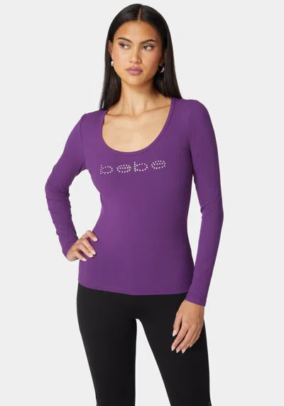 Shop Bebe Logo Long Sleeve Scoop Neck Single Stone Rib Top In Imperial Purple