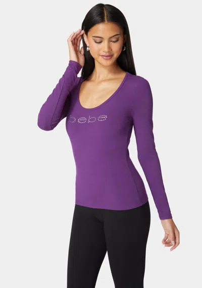 Bebe Logo Long Sleeve Scoop Neck Single Stone Rib Top In Imperial Purple