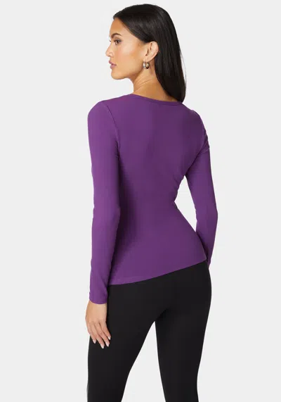 Bebe Logo Long Sleeve Scoop Neck Single Stone Rib Top In Imperial Purple