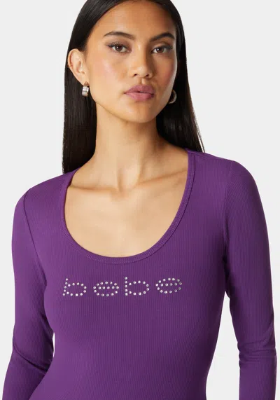 Shop Bebe Logo Long Sleeve Scoop Neck Single Stone Rib Top In Imperial Purple