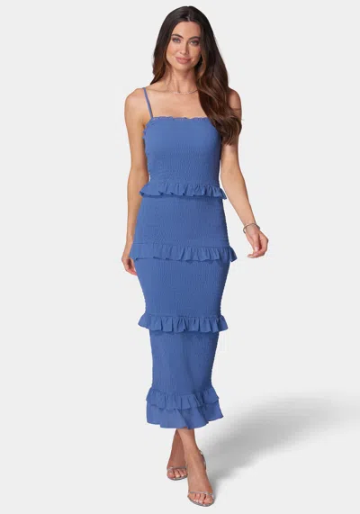 Bebe Georgette Smocked Midi Dress In Denim