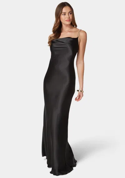Bebe X Ciara Satin Maxi With Gold Chain Straps In Black