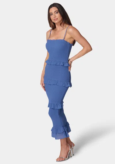 Bebe Georgette Smocked Midi Dress In Denim