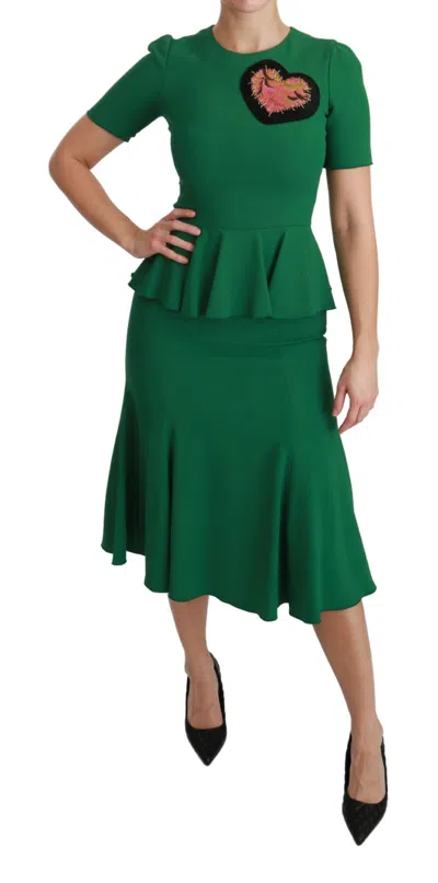 Dolce & Gabbana Green Heart Patch Mermaid Midi Viscose Dress In Green