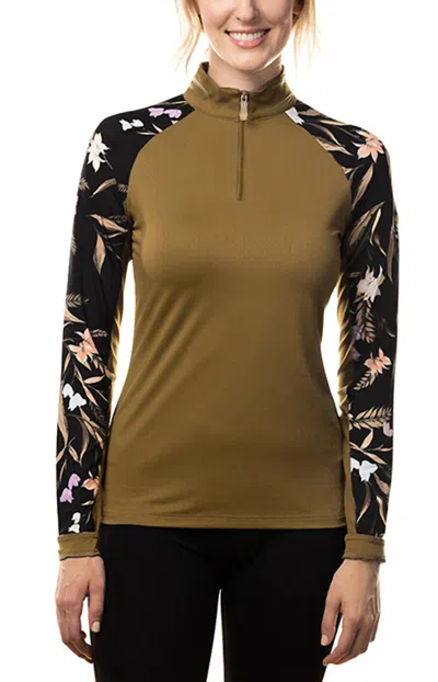 Kastel Denmark 1/4 Zip Long Sleeve Sun Shirt In Black Tropical With Fir Green In Yellow