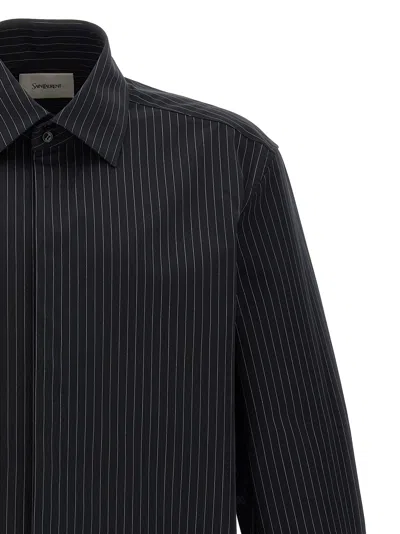 Saint Laurent Ysl Pinstriped Silk Shirt In White/black