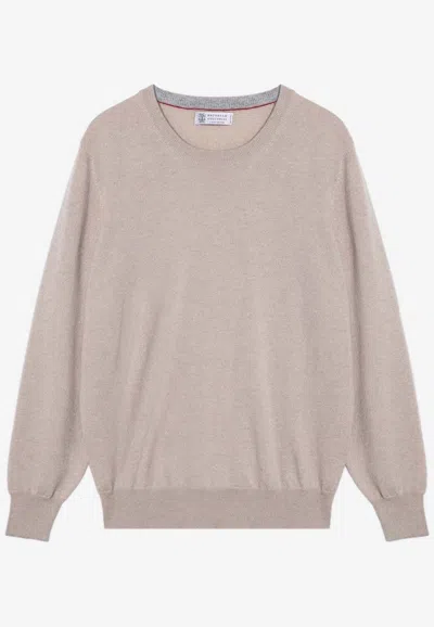 Brunello Cucinelli Cashmere Crew Neck Sweater With Contrasting Edge In Beige