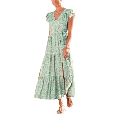 Lascana Flutter Sleeve Maxi Dress Green Patterned In Blue