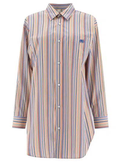Etro Oversized Multicolor Shirt With Stripe Motif And Pegasus Embroidery In Cotton Woman In Orange