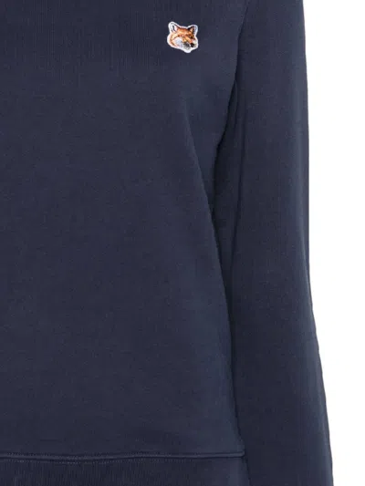 Maison Kitsuné Blue Crewneck Sweater With Fox Head Logo Patch On The Front In Cotton Woman In Blue