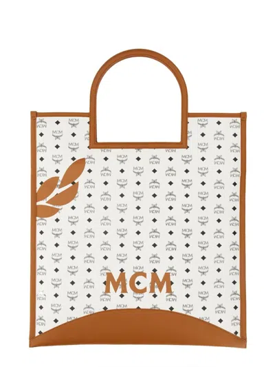 Mcm Woman Printed Canvas Xl Aren Shopping Bag In White