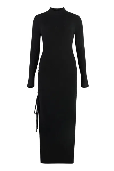 Michael Kors Black Crewneck Midi Dress With Ruched Detail In Wool Woman In Black