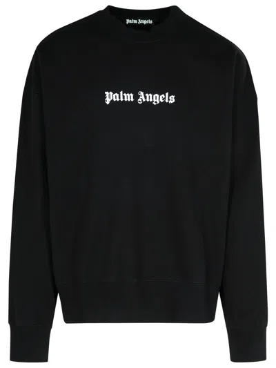 Palm Angels Black Cotton Crew Neck Sweatshirt With White Logo In Black