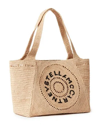 Stella Mccartney Embroidered-logo Raffia Tote Bag In Beige