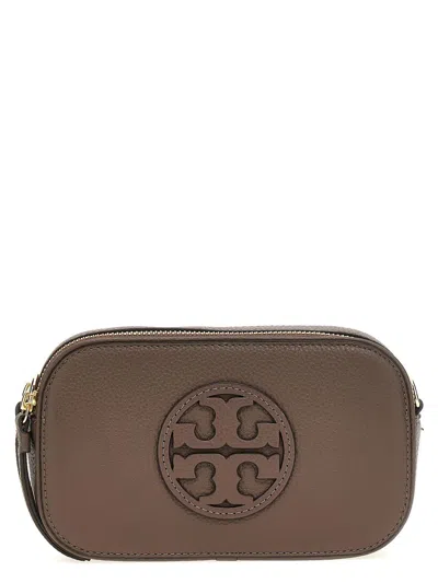 Tory Burch Leather Shoulder Bag With Frontal Logo In Beige